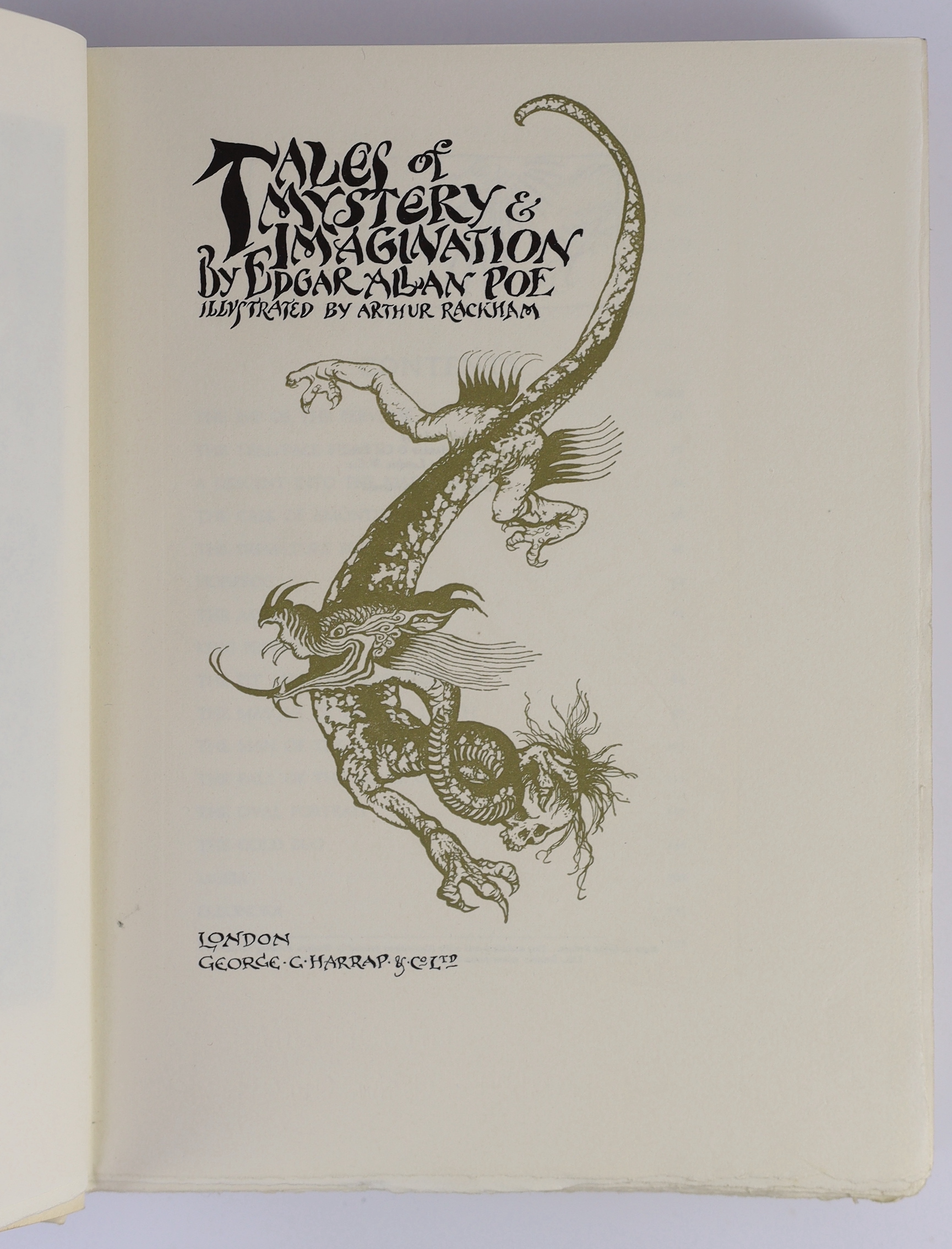 Poe, Edgar Allan - Tales of Mystery and Imagination, Illustrated by Arthur Rackham, limited edition (of 460 numbered copies, signed by the artist). coloured pictorial title, 12 coloured and mounted plates (with captioned